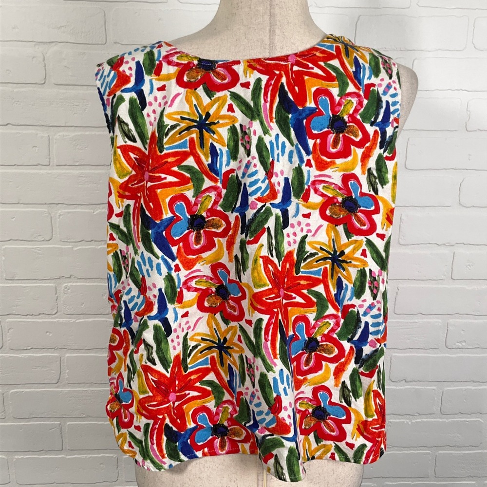 Hester & Orchard Tank Top Women L Red Floral Linen Blend Casual Beach Crop - Picture 4 of 10